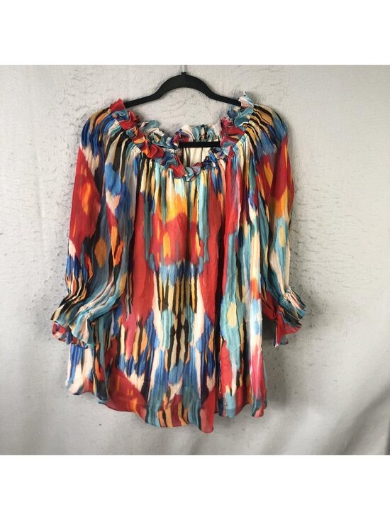 Vintage Collection Tops - Vintage Collection Tunic Top Womens L Multicolor Abstract Ruffle Chiffon Boho